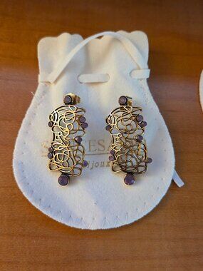 Italian Boutique Handmade Art Nouveau Bronze and Lilac Crystals Earrings New